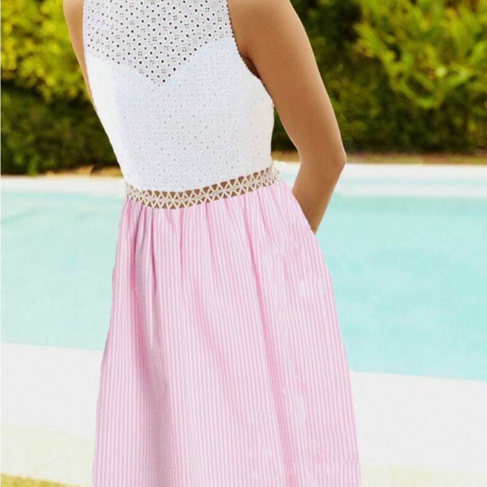Lilly Pulitzer White Eyelet Bodice Pink Striped Maxi Dress